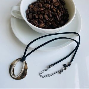Wavy Oval Pendant BLACK Leather Choker Necklace